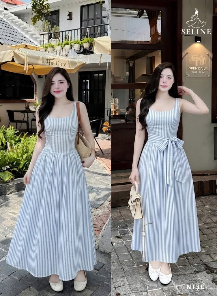 VÁY MAXI HAI DÂY SỌC DỌC CÓ THẮT NƠ