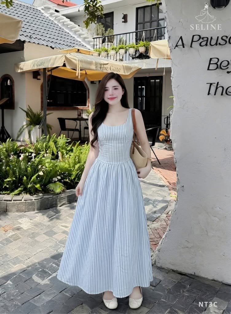 VÁY MAXI HAI DÂY SỌC DỌC CÓ THẮT NƠ